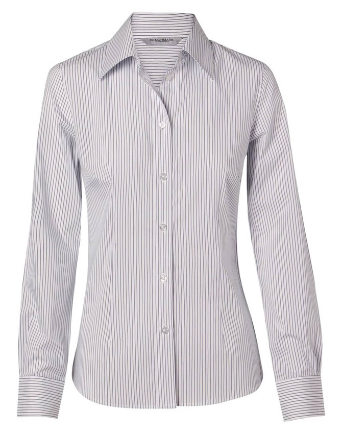 A button-up shirt in blue and white ticking stripes, featuring a classic collar and long sleeves. It has a logo.