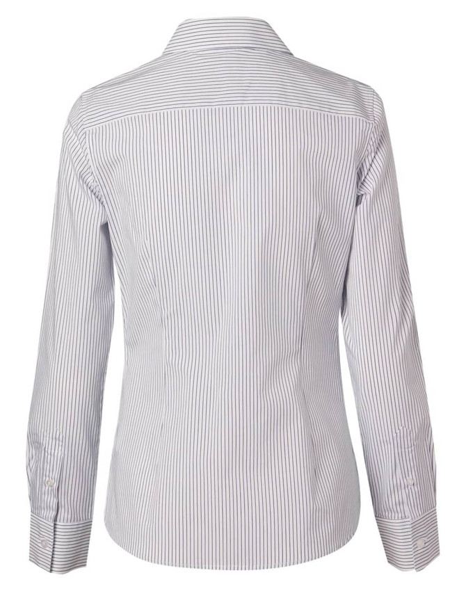 A button-up shirt in white and navy ticking stripes with long sleeves and a classic collar. Features a logo.