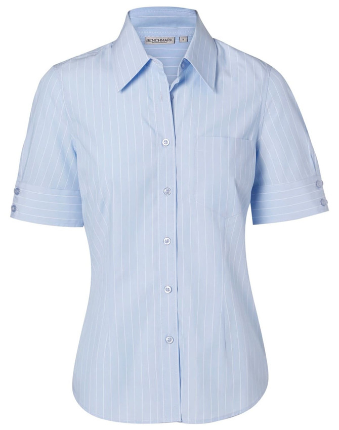A light blue women's pinstripe short sleeve shirt with a button-up front and a chest pocket.