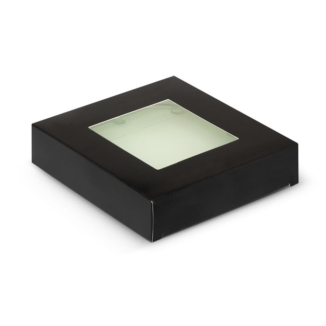A square black box with a transparent window on top, containing a round glass coaster set.