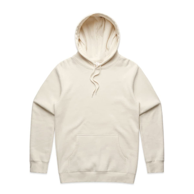 A light cream hoodie featuring a front pocket and a drawstring hood. The garment has a subtle logo on it.