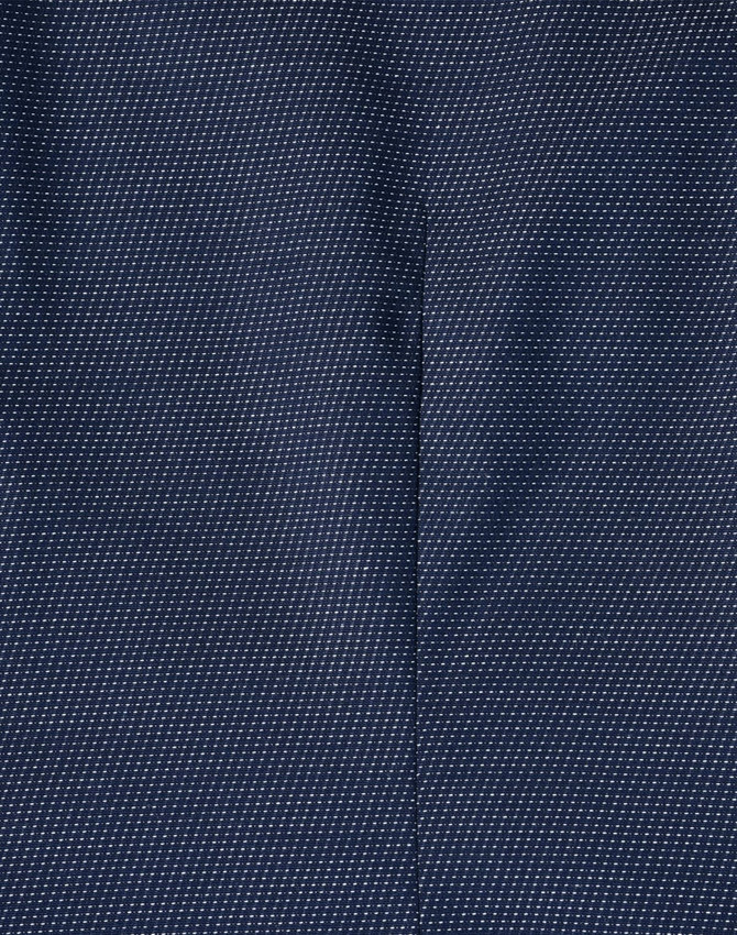 A navy blue stretch button-up shirt featuring a pin dot pattern and a logo.