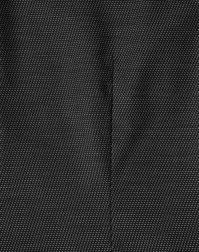 A ladies' button-up shirt featuring a black pin dot pattern with a standard collar and a branding logo.