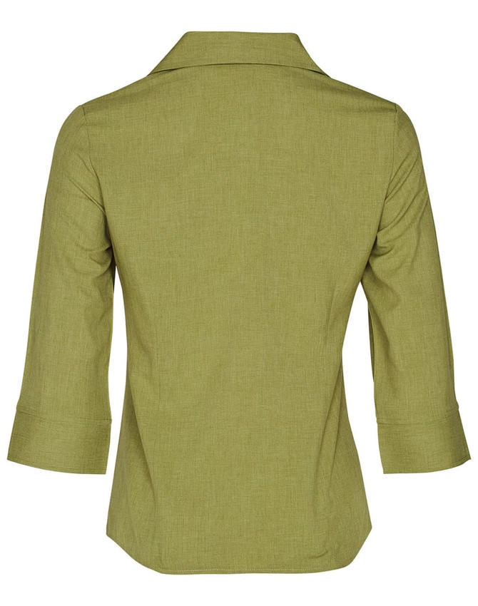 A green women's Cooldry 3/4 sleeve shirt with a back collar and rolled sleeves. It features a logo on the fabric.