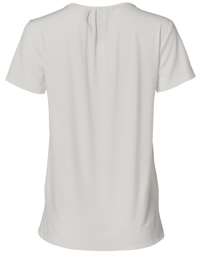 A ladies' short sleeve knit top in white, featuring pleats at the back and a round neck design. It includes a logo.