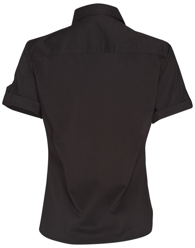 A black women's short sleeve military-style shirt with rolled sleeves and a collar. Features a logo on the arm.