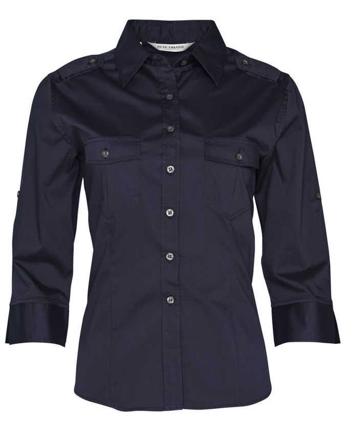 A navy women's 3/4 sleeve military shirt features buttoned pockets and a collared neckline. It has a logo on the label.