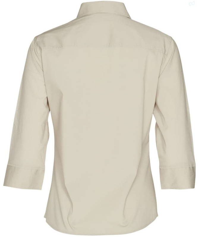 A back view of a women's beige 3/4 sleeve military shirt featuring a collar and a simple design.