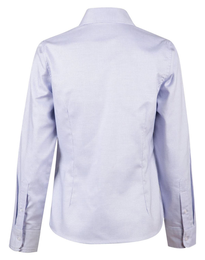 A light blue long sleeve button-up shirt with a fitted design and contrast detailing at the cuffs.