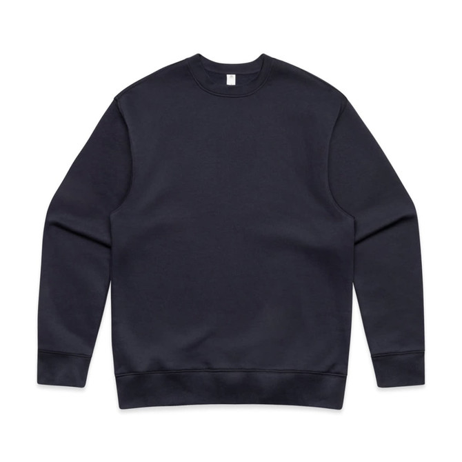 A navy jumper with a classic crew neck and long sleeves. It features a plain design and has a branding logo.