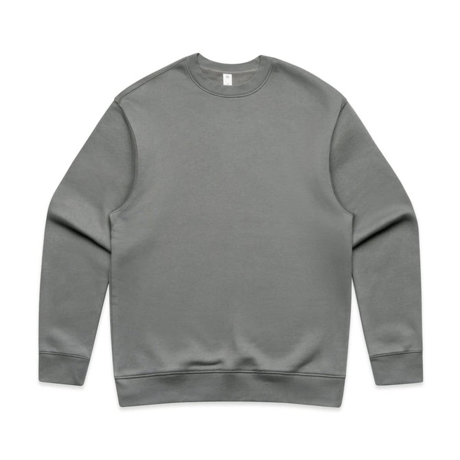 A grey jumper with a classic crew neckline and long sleeves. The garment has a smooth texture and features a logo.