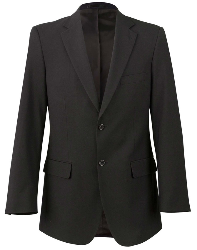 A men's stretch jacket in black, featuring a two-button front and single chest pocket. The interior is lined.