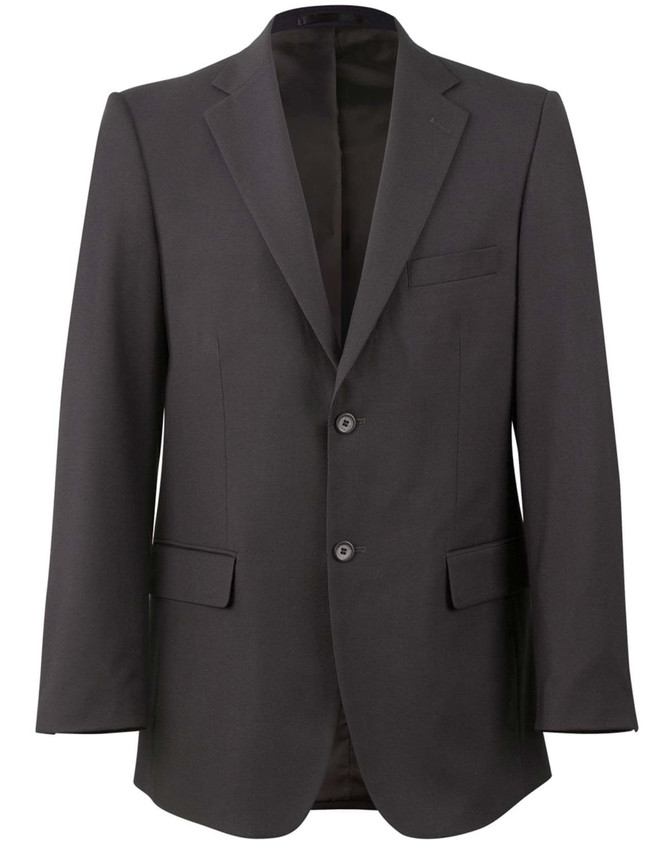 A men's stretch jacket in dark grey with a single-breasted design and two front pockets, featuring a logo.