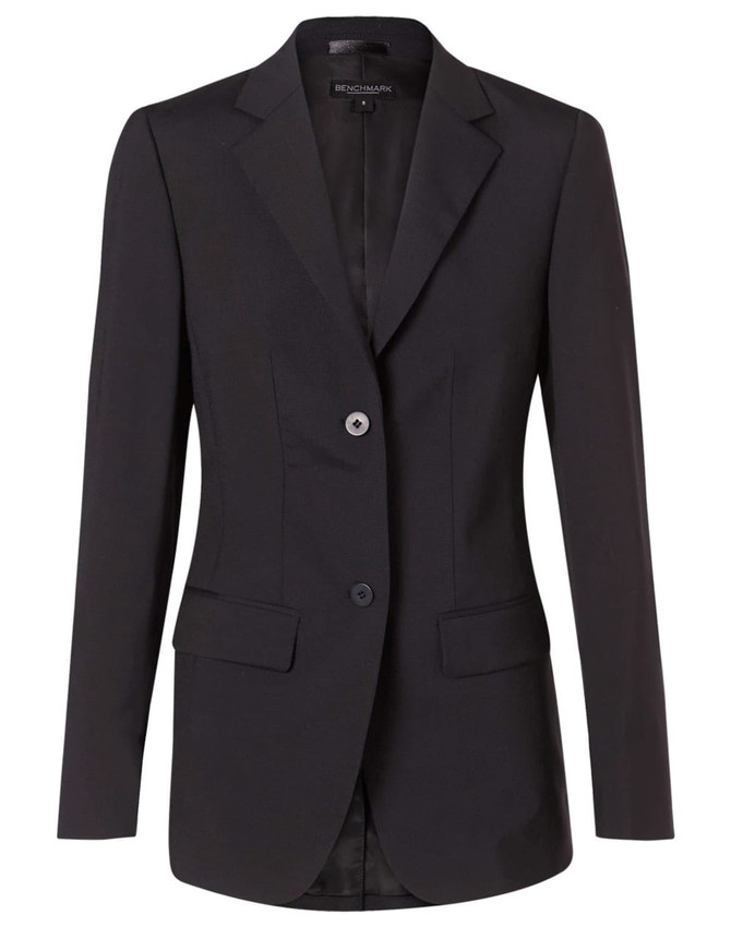 A black women's mid-length jacket with a tailored fit, featuring a two-button closure and lapel collar.