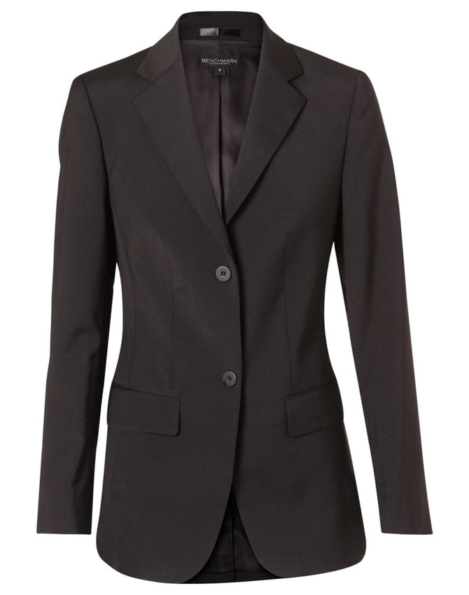 A women's mid-length jacket in a dark charcoal grey with a fitted silhouette and two front pockets.