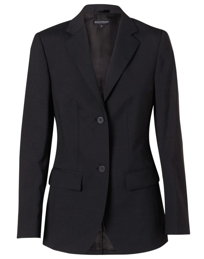 A women's mid-length jacket in black with a tailored fit, featuring two front buttons and pockets.