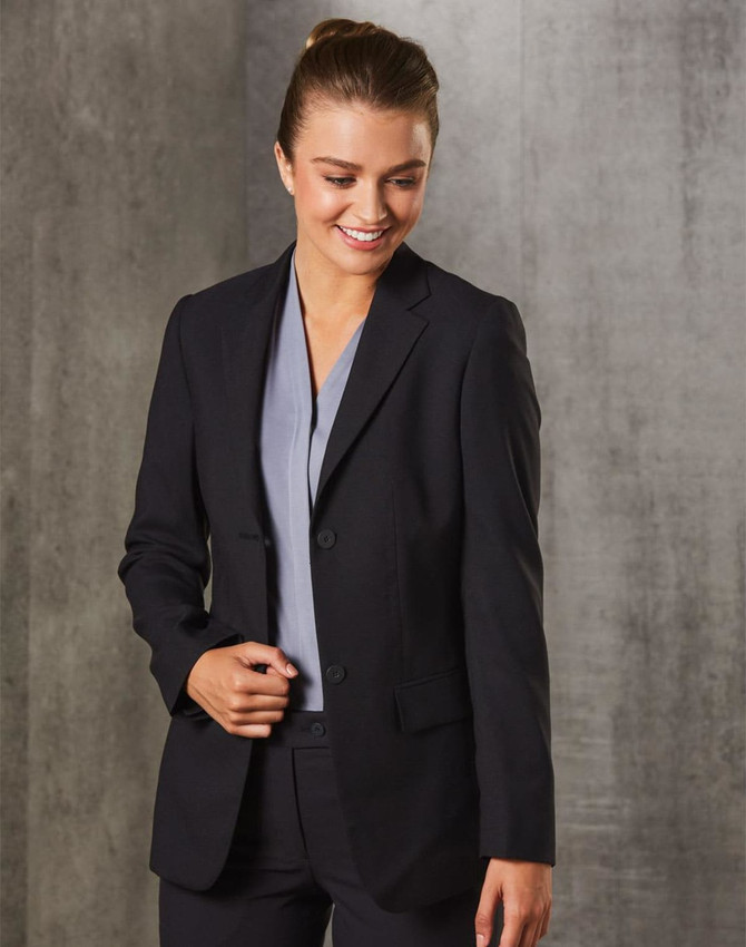 A women's mid-length jacket in black poly/viscose stretch with two buttons, featuring a tailored fit and a logo.