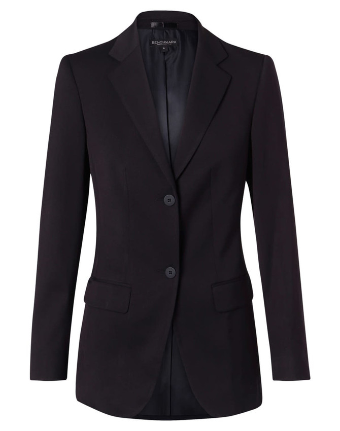 A women's mid-length jacket in black with two buttons, featuring a tailored fit and a classic blazer design.