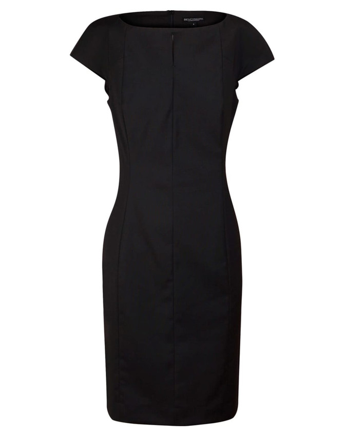 A black cap sleeve dress featuring a fitted silhouette and pleated detailing, designed in a wool blend stretch fabric.