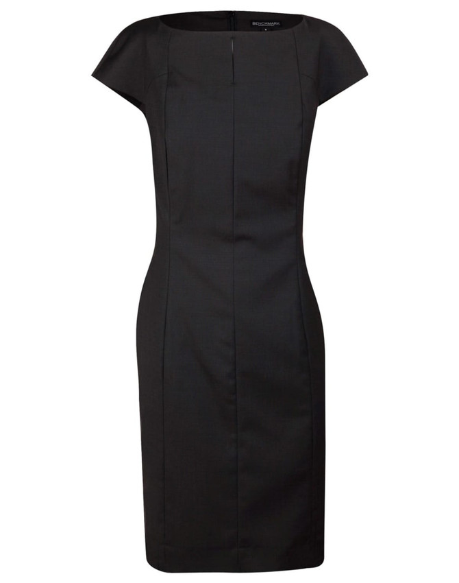 A black cap sleeve dress made from a wool blend with a fitted silhouette, featuring a subtle branding detail.