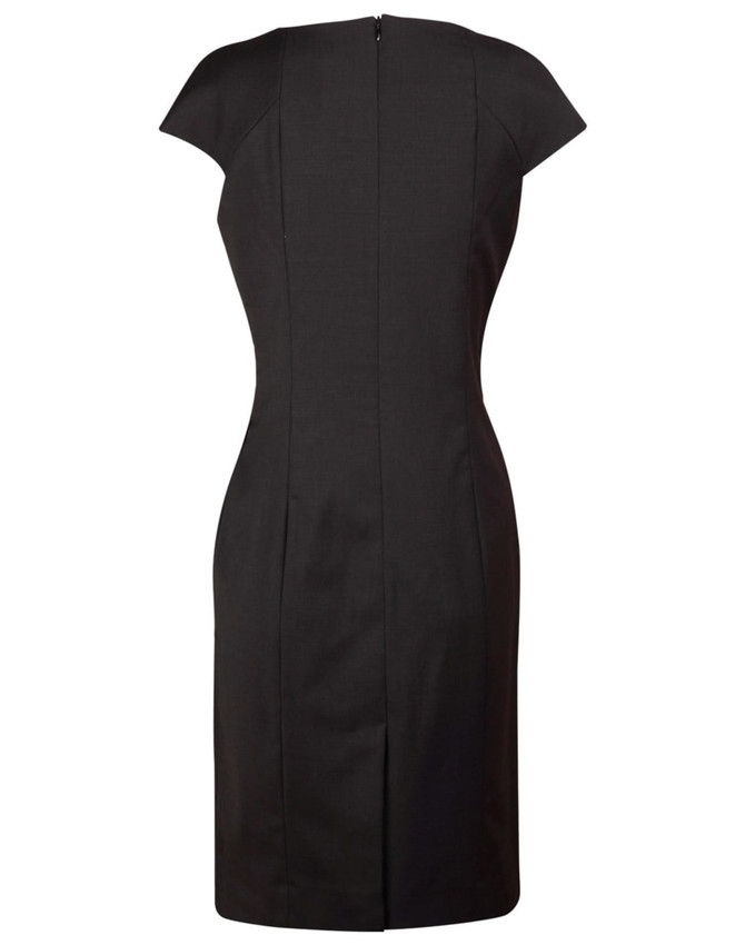 A fitted black wool blend dress with cap sleeves and a back zipper. The dress features tailored seams and a sleek silhouette.
