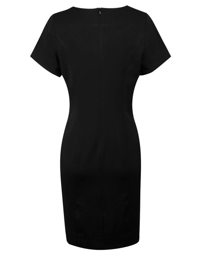 A black short sleeve dress made from poly/viscose stretch with a fitted silhouette and a back zip detail.