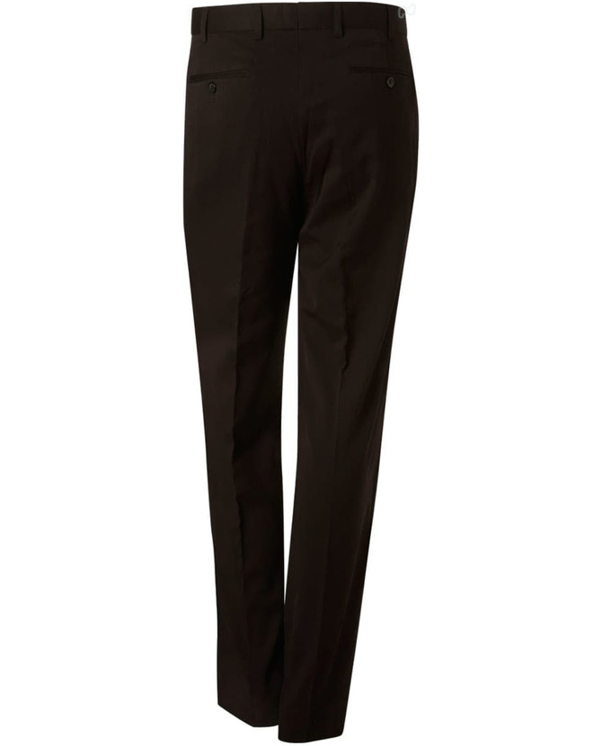 Men's stretch wool blend pants in black, featuring a tailored fit and rear pockets, with a subtle logo detail.