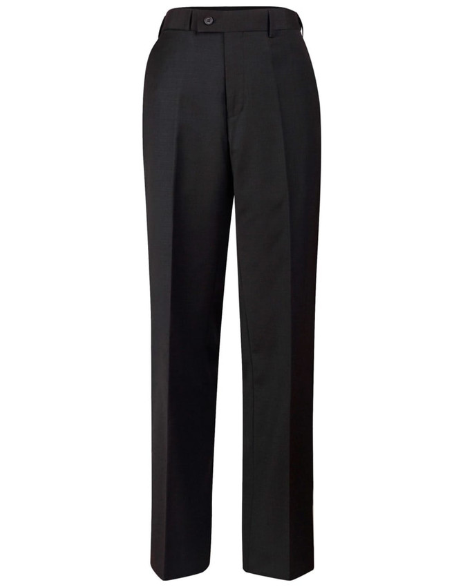 Men's wool blend stretch flexi waist pants in black, featuring a tailored design and a single button closure.