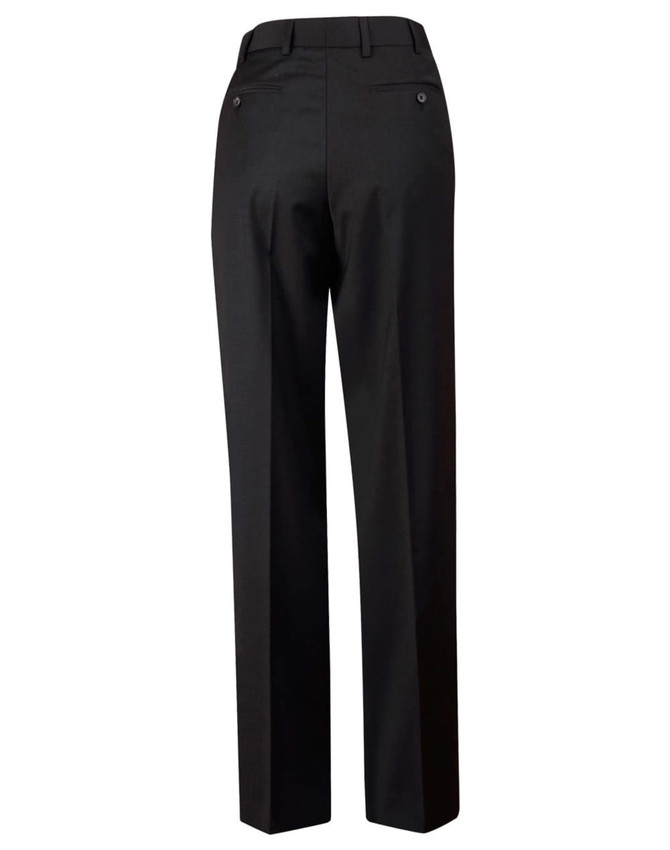 Men's black wool blend stretch flexi waist pants with a straight cut and two back pockets. Features a logo.