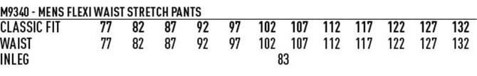 A table displaying sizing information for Men's Polyviscose Stretch Pants, including fit and measurements for waist and leg length.