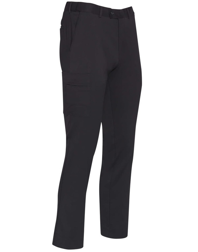 Men's utility cargo pants in black, featuring multiple pockets and a fitted design. Includes a logo on the waistband.