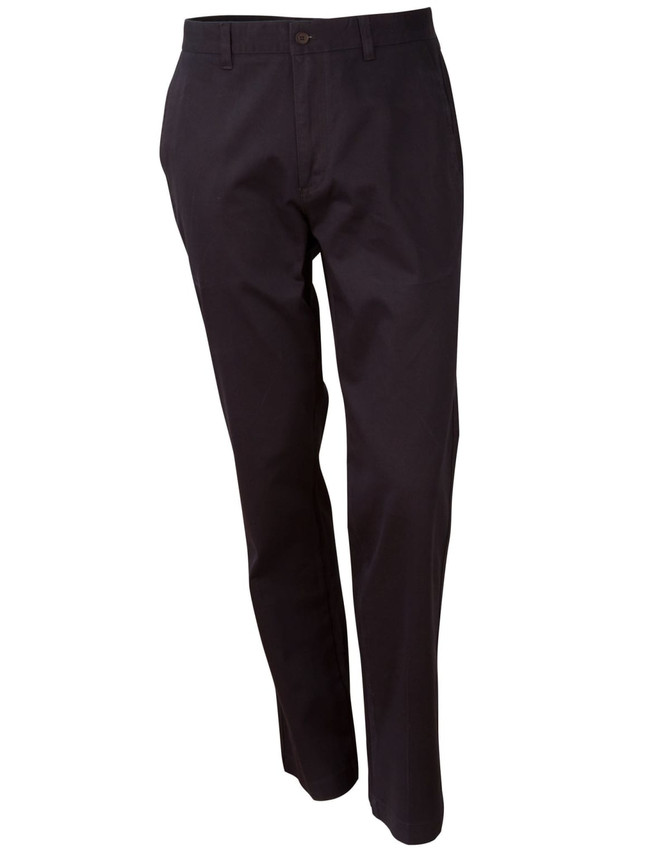 Men's chino pants in black with a straight leg design, featuring a button closure and pockets.