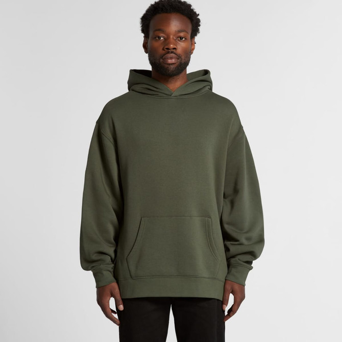 A green hoodie with a spacious fit, featuring a front pocket and a large hood. It includes a logo on the front.