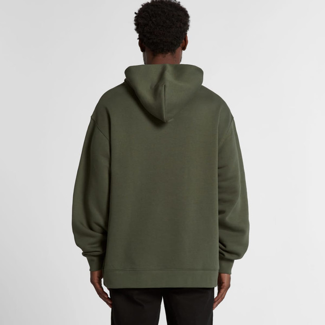 A relaxed fit hoodie in olive green with a large hood and dropped shoulders, featuring a branding logo.