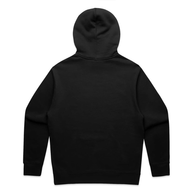 A black hoodie is displayed, featuring a hood and long sleeves. The back view emphasizes its simple design.