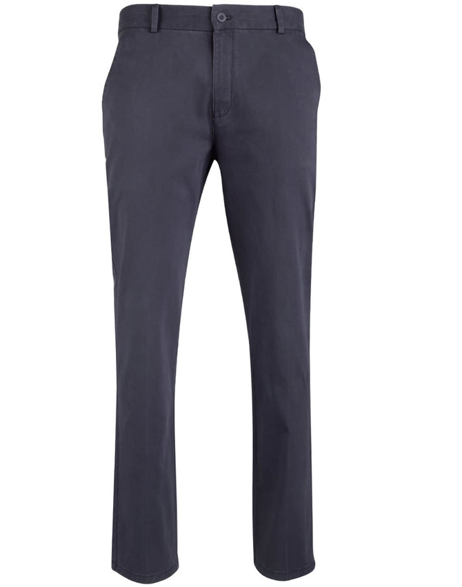 Men's chino pants in dark grey with a slim fit design, featuring a logo on the waistband.