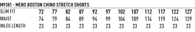 A table displaying size measurements for men's Boston chino stretch shorts, including slim fit and inleg length details.