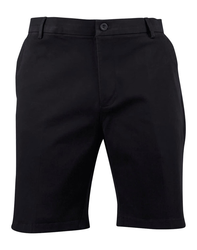 Black stretch cotton chino shorts with a front button closure and side pockets, featuring a subtle logo.