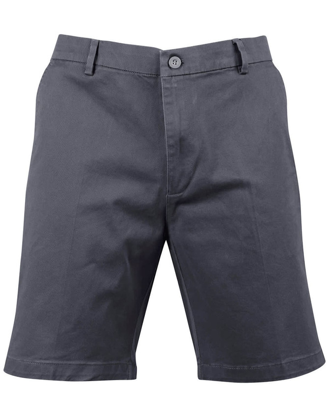 Men's stretch cotton chino shorts in dark grey, featuring a traditional button closure and angled pockets.