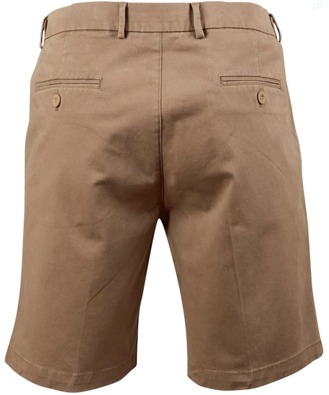 Men's stretch cotton chino shorts in a khaki colour, featuring back pockets and a waist adjuster, with branding present.