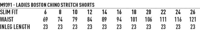 A table displaying size measurements for Ladies' Stretch Cotton Chino Shorts, including slim fit, waist, and length details.
