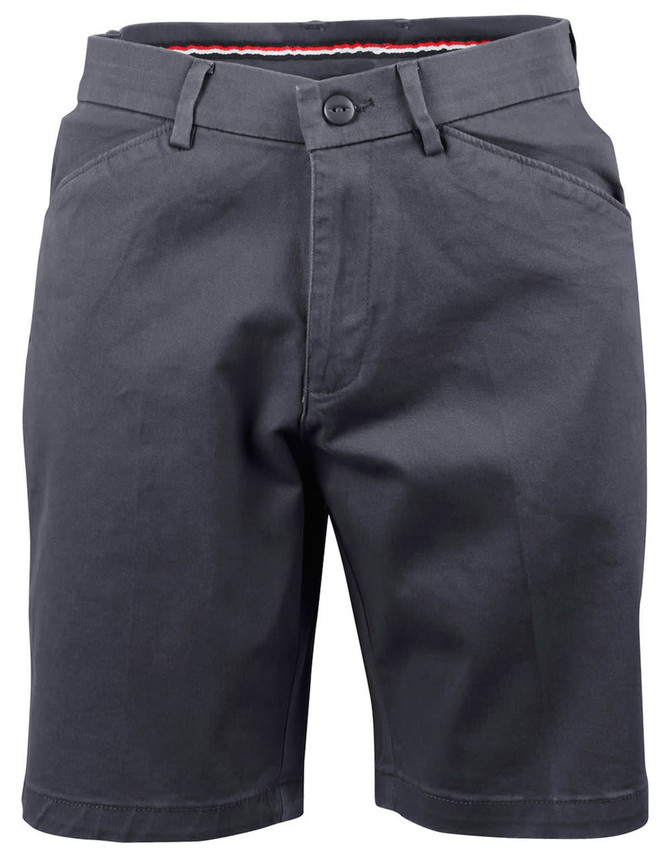 Ladies' stretch cotton chino shorts in black with a stylish waistband and front pockets, featuring a logo.