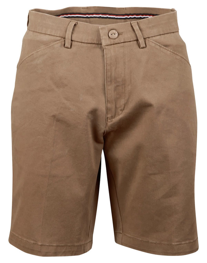 Ladies' stretch cotton chino shorts in khaki with a button front and side pockets. Features a logo on the waistband.