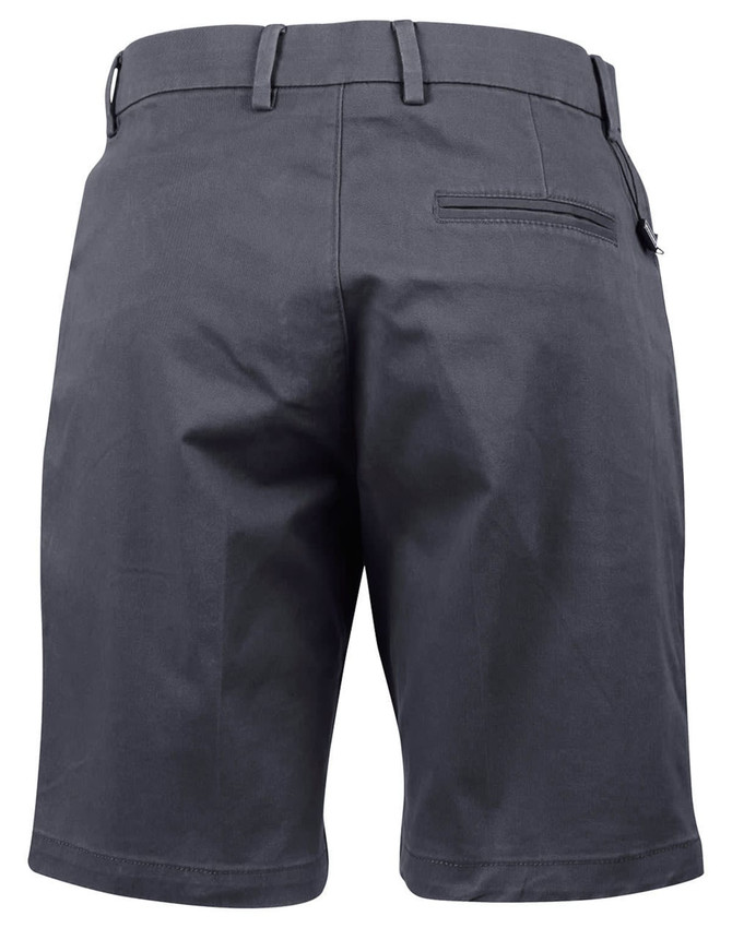 Ladies' stretch cotton chino shorts in dark grey, featuring a back pocket and belt loops. Includes a logo on the waistband.