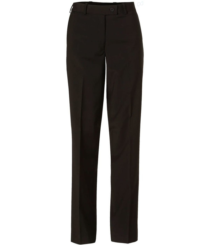 Women's slim leg flexi waist pants in black wool stretch, featuring a belt loop and a straight leg design.