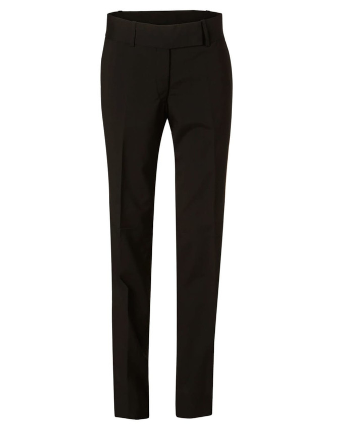 Women's low rise pants in black wool stretch featured in a sleek, tailored design. The pants have a branding logo.