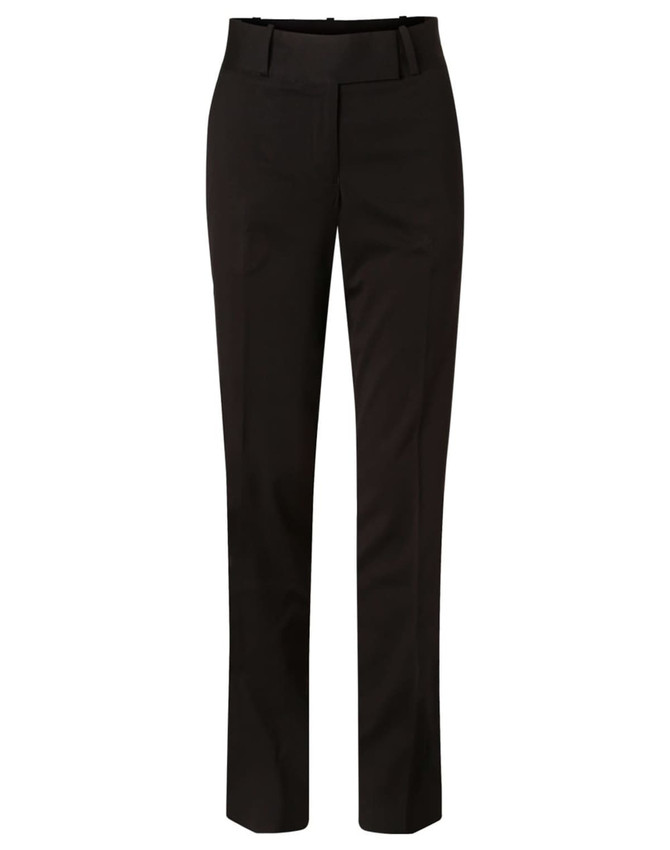 Women’s low rise pants in black poly/viscose stretch fabric, featuring a tailored design and a waistband.