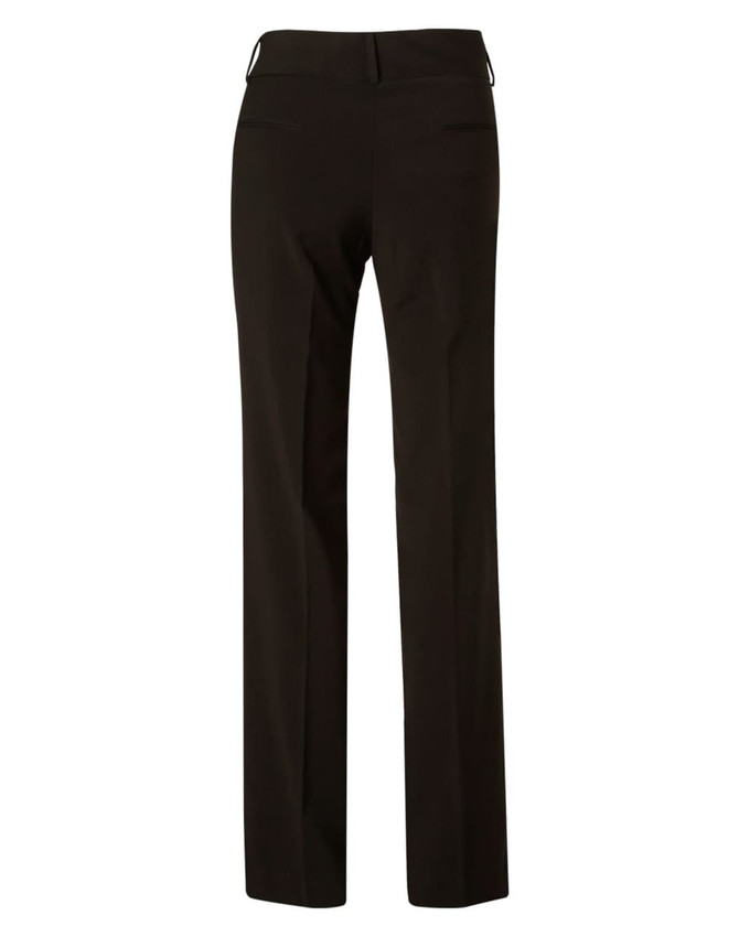 Women's low rise slacks in black poly/viscose stretch with a straight leg design. Features pockets and a logo.
