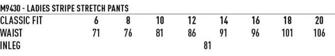 A table displaying sizing information for women's low rise stripe stretch pants, including waist and inseam measurements.