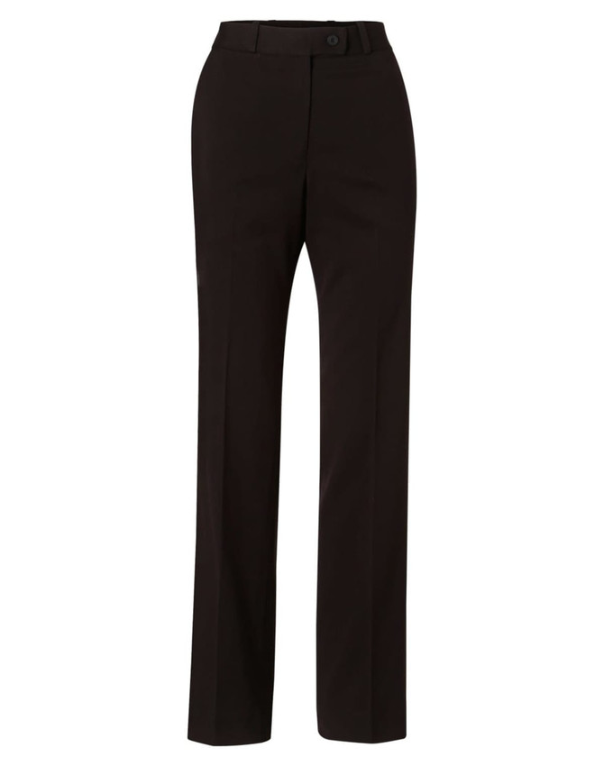 Black women's Flexi Waist Utility Pants in a poly/viscose stretch fabric, featuring a button closure and straight leg design.